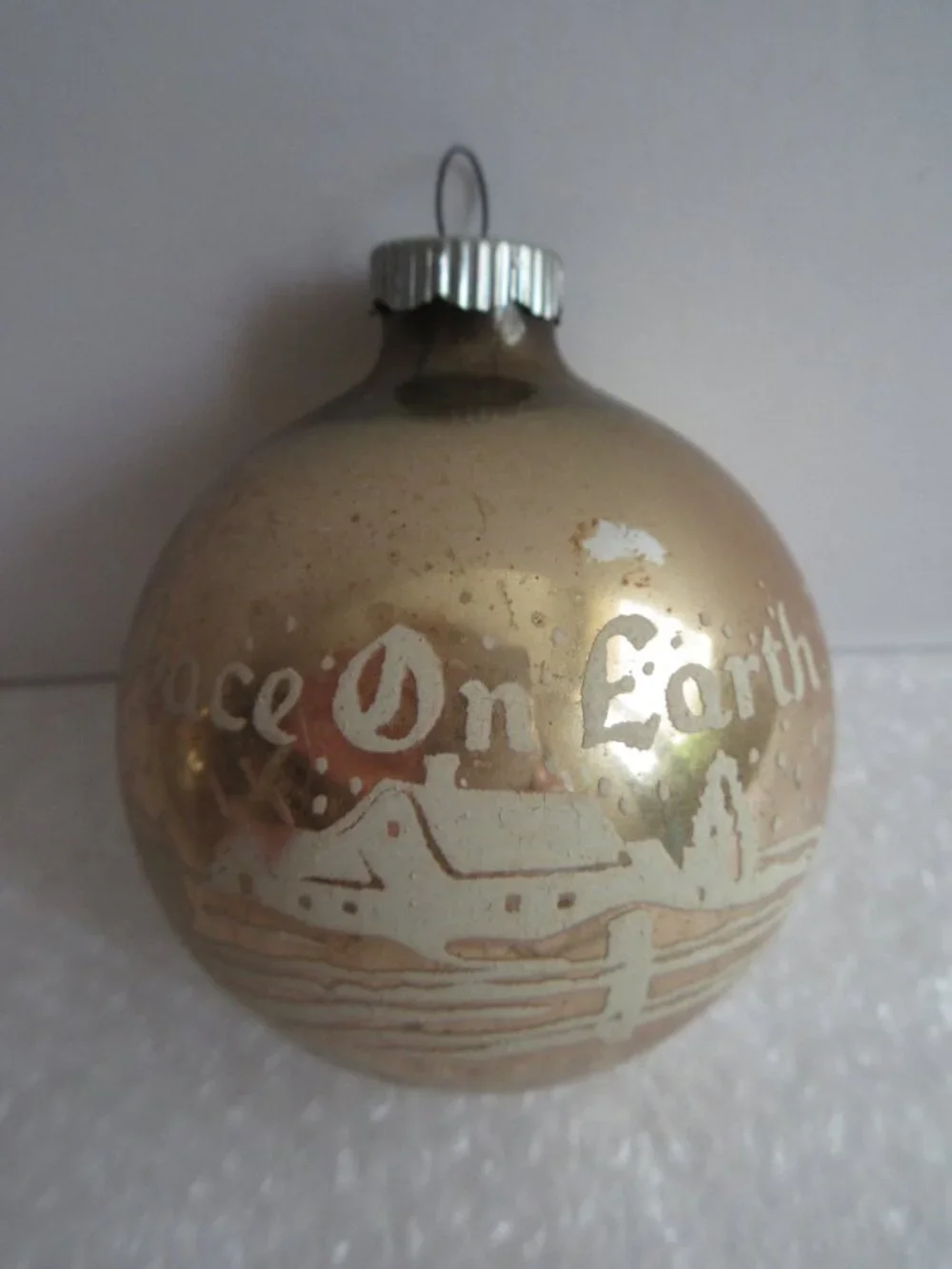 3 Shiny Brite Peace on Earth Stencil Gold Glass Christmas Ball Ornaments Vintage